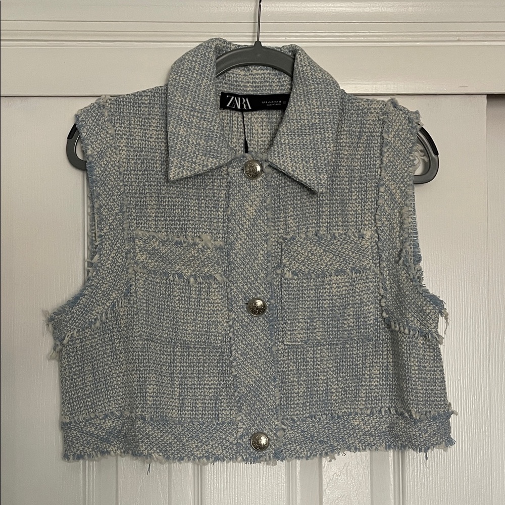 Zara Light Blue Tweed Vest with Silver Buttons